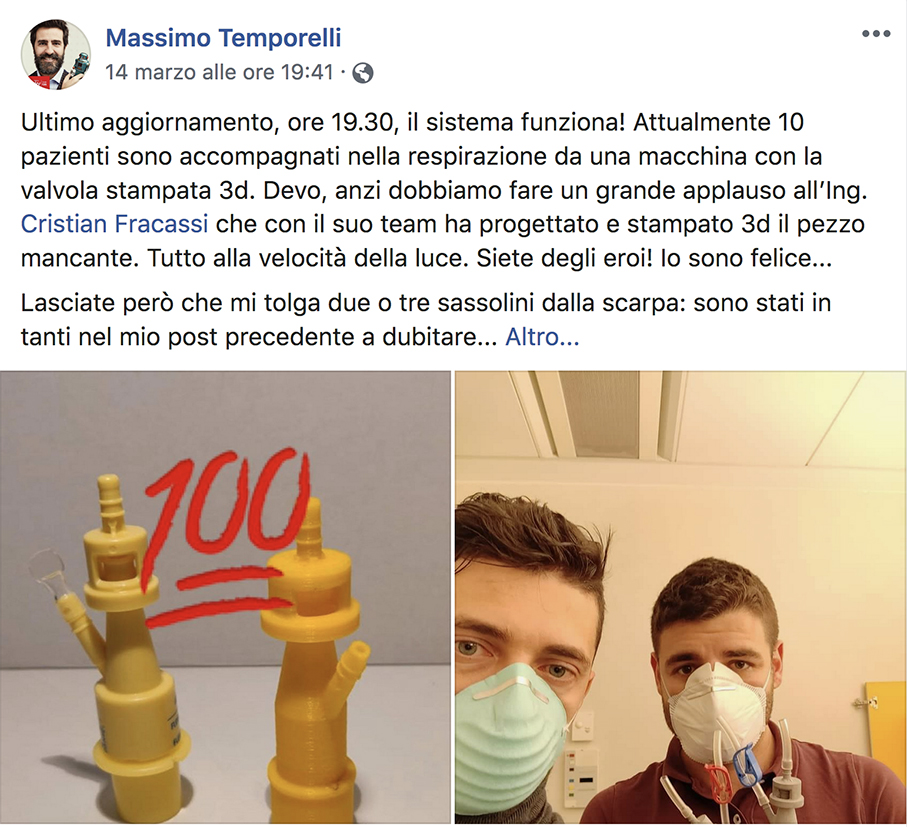 Temporelli valvole stampa 3D coronavirus